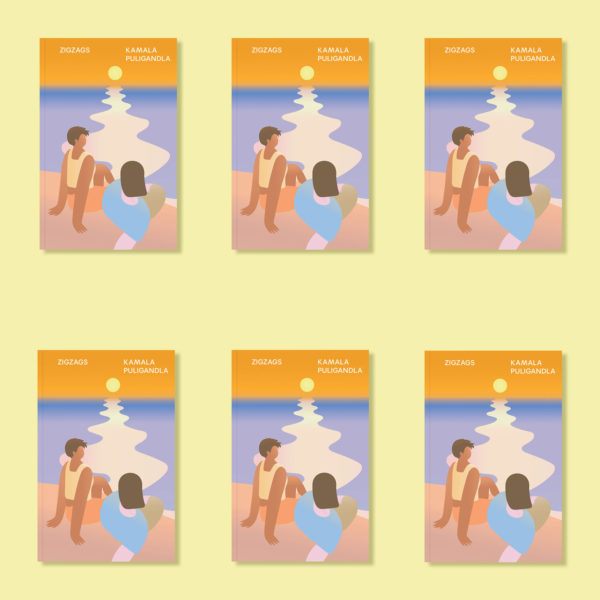 Panel showing six identical images of the cover of the novel ZIGZAGS by Kamala Puligandla